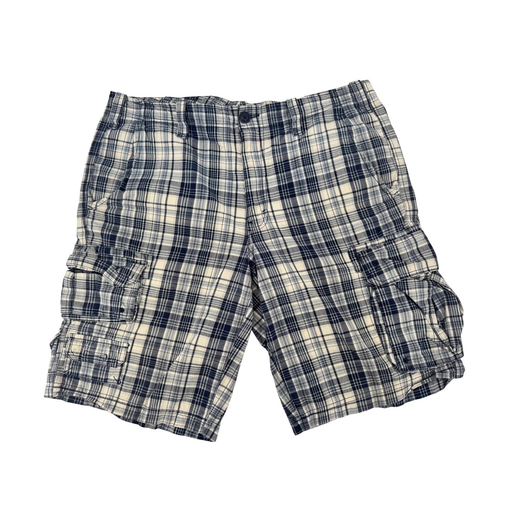 Eddie Bauer Cargo Shorts Mens 36 Blue White Plaid Cotton Utility Outdoor Heavy